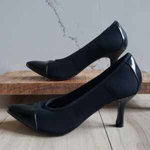 Impo Kitten Heels Womens 6 5 Black Stretch Patent Toe Cap Slip On Pumps